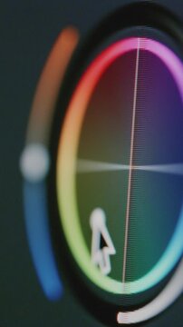 Vertical: Close-up of color grading on laptop. Postproduction of video or photo. Editing software interface. Working with ring offset. Color correction wheel, change tint or hue.