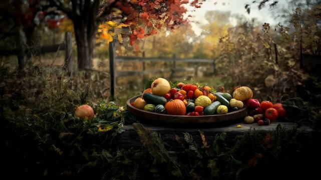 Organic food. Healthy quality lifestyle. A vivid autumnal scene featuring a rustic wooden bowl filled with assorted vegetables and fruits. The bowl is placed on a wooden surface.