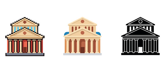 Fototapeta premium Three styles of classical temple architecture: pixel, vector, monochrome designs