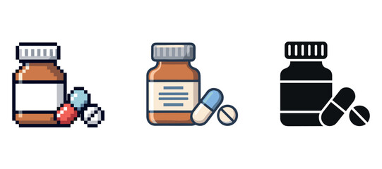Pixel art and flat design medicine bottles and pills icon set