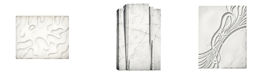 Three white marble textures on a black background on transparent background