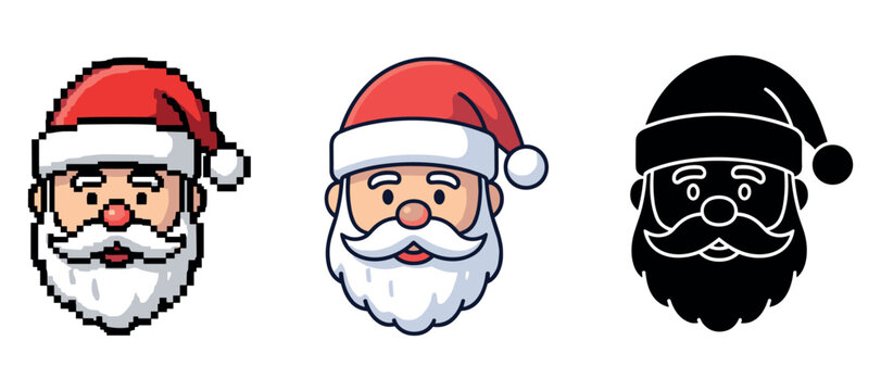 Santa claus cartoon faces: pixel, colorful, and silhouette variations