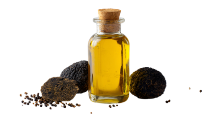 Amber oil in a glass bottle with a cork, surrounded by dark truffles and peppercorns