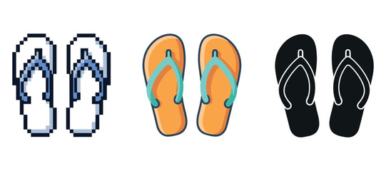 Pixel, colored, and silhouette flip-flops on white background