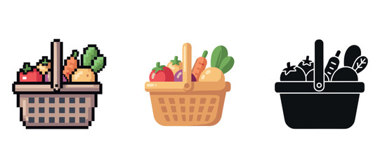 Colorful and monochrome basket icons featuring fruits and vegetables