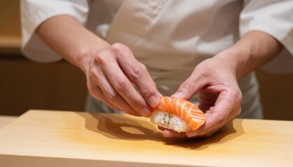 Chef preparing healthy sushi on a wooden board against a black background capturing culinary artistry in a minimalist setting