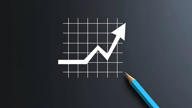 White arrow graph showing upward trend on grid with blue pencil, representing business growth and data analysis on dark background - Powered by Adobe