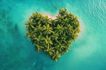 heart shaped island with palm trees in turquoise green pacific ocean water, top down drone view, love, passion, romance, romantic, luxury private, photorealistic