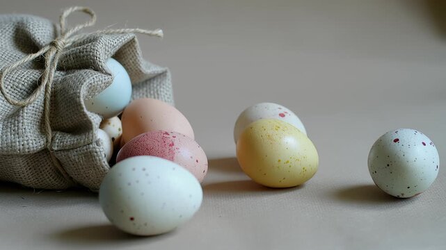 Colorful decorative eggs spreading from burlap sack in elegant sequential movement