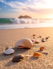 Seashells on a Sandy Beach at Sunset - Coastal Serenity.