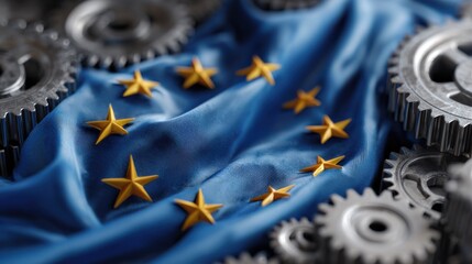 European Union flag surrounded by gears in a workshop setting showing industry and collaboration