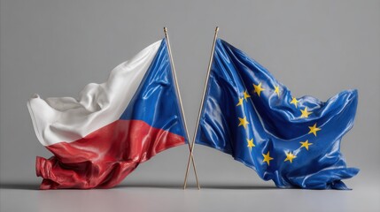 Flags of Czech Republic and European Union stand together on a gray background during a display event in a public space