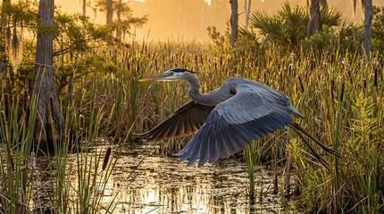 Great Blue Heron Florida Marsh, Golden Wetland Bird