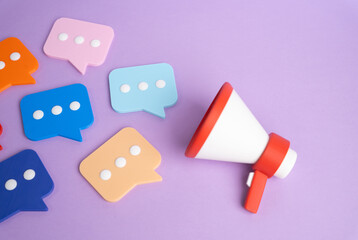 A megaphone and a multitude of comments. Expressing opinions, agitating, and promoting. Advertising and marketing. Public voice amplification, influence strategy and mass communication