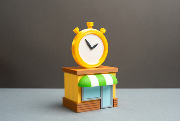 Rooftop shop and stopwatch. Shop hours. Time limited retail access, opening schedule control and customer flow planning. Balancing convenience with operating efficiency in urban commerce.