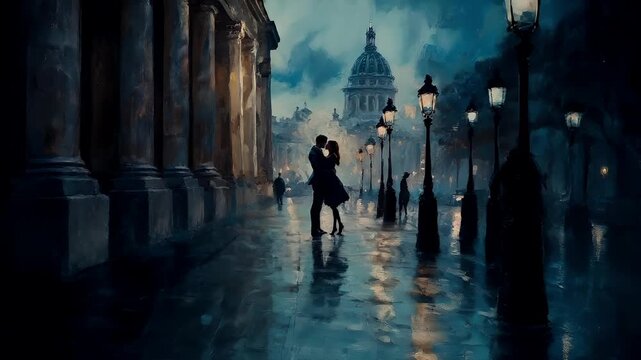 Paris, France, Europe. A digital painting of a romantic scene set against a cityscape backdrop. The main subject is a couple in a passionate embrace, with the mans arm around the womans waist.