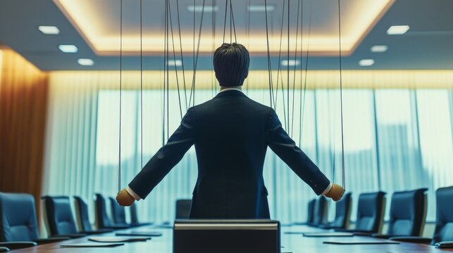 Corporate manipulation scene office environment digital art modern business setting dramatic perspective power dynamics