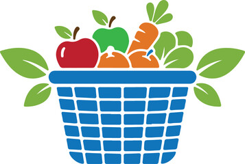 A vibrant blue basket filled with fresh produce, including apples, carrots, and leafy greens