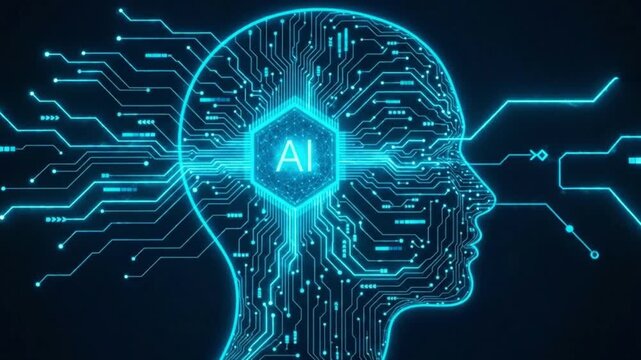 Digital Mindscape: An intricate network of circuits and data streams forms the silhouette of a human head, representing the complex intelligence of Artificial intelligence.