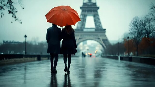Paris, France, Europe. A couple walking under an orange umbrella on a rainy day. The style is cinematic, with a focus on mood and atmosphere. The main subject is the couple.