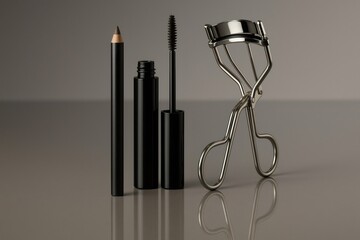 Beauty products featuring makeup accessories like mascara, eyebrow pencil, and an eyelash curler ready for application