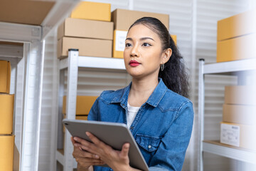 Small business warehouse inventory management, confident woman owner review stocks on tablet, monitoring storage system, inventory control, warehouse factory store, logistics distribution shipment