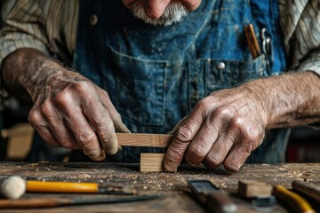 Old man fixing small wooden object in garage, nostalgic tones, hands in focus