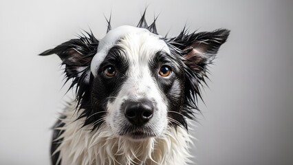 Fototapeta premium Wet Border Collie Dog with Shampoo Foam After Bath on Neutral Background