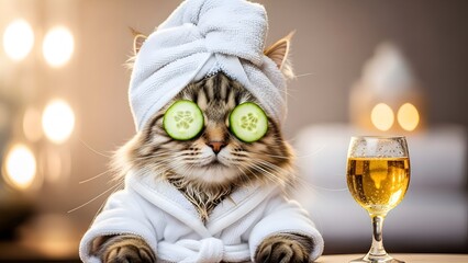 Luxury Spa Cat Wearing Bathrobe with Cucumber Eye Mask and Glass of Champagne