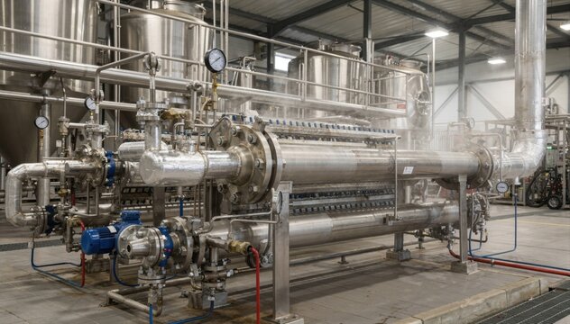 View of a medium shot featuring a shellandtube heat recovery system emphasizing robust construction and effective heat transfer in industrial mash water preheating processes.