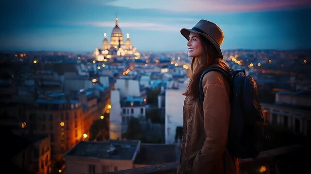 Paris, France, Europe. A woman with a hat and backpack stands against a backdrop of a cityscape during twilight.