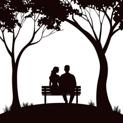Silhouette of a couple sitting together under a tree or on a bench watching sunset.