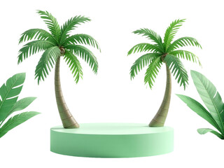 Fototapeta premium Three palm trees stand on a circular platform, surrounded by open space