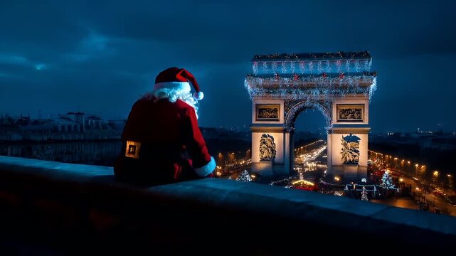 Paris, France, Europe. A person dressed as Santa Claus sits on a ledge overlooking a cityscape during the Christmas season. The scene is illuminated by the festive lights of the Arc de Triomphe.
