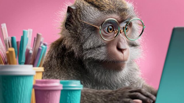 Playful monkey with glasses types on a laptop at a bright desk with colorful cups in a fun setting