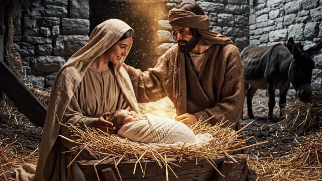 Nativity scene: peaceful family moment with baby in stable