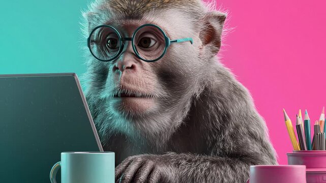 Playful monkey types on a laptop at a colorful workspace during a sunny day