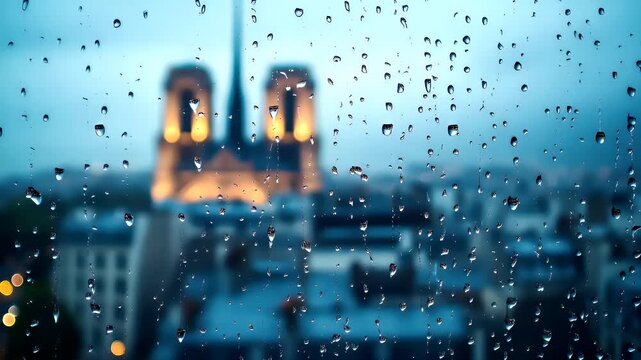 Paris, France, Europe. raindrops on a window pane with a cityscape in the background during twilight.