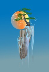 composition, with a lonely tree growing on a rock,