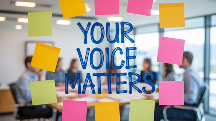 Business team meeting behind glass wall with sticky notes and "YOUR VOICE MATTERS" text concept