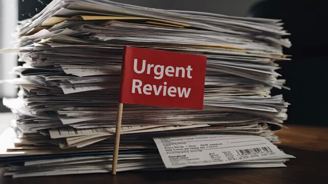 Stack Of Tax Documents Urgent Review On Wooden Desk In Dim Office, Red Label Planted In Thick Pile Of Invoices And Receipts, Sunlit Dust Motes, Atmosphere Of Deadline Pressure And Audit