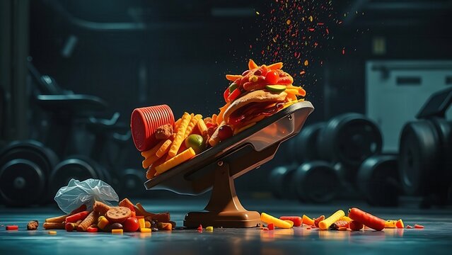 A scale tips violently as colorful junk food overwhelms exercise equipment under dramatic chiaroscuro lighting.