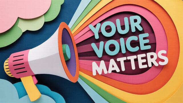 Colorful paper art megaphone illustration with "YOUR VOICE MATTERS" text in layered rainbow cutout style