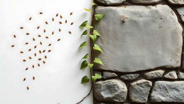 A symbolic diptych of ancient seeds scattering on the wind and weathered stone traditions, connected by a slow, creeping vine.