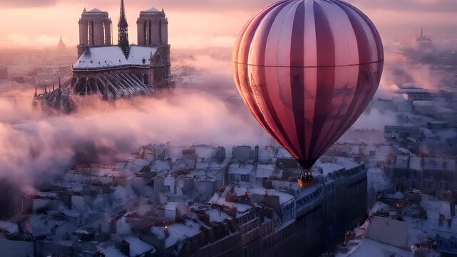 Paris, France, Europe. Aerial view of Paris during winter, with the NotreDame Cathedral partially obscured by mist and clouds. The sky is painted in hues of pink and purple.