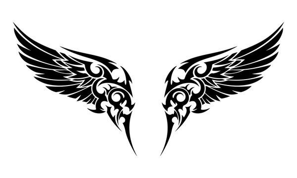 Tribal wings, a decorative symbol of freedom and power, featuring intricate swirls and tribal-inspired designs, perfect for tattoos or graphic art
