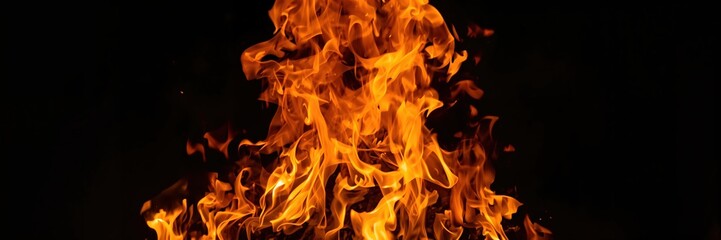 Intense orange and yellow flames rising from a pile of wood and dry branches at night for a beach party.