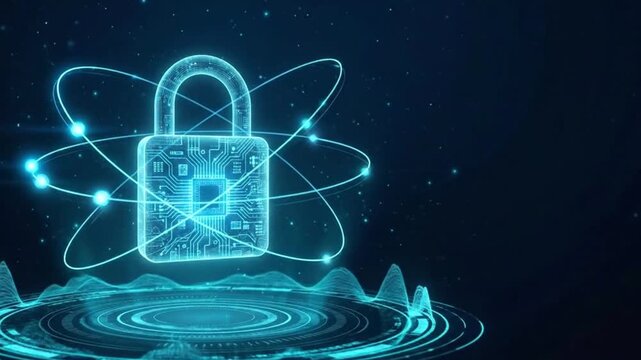 Digital Security Blueprint: An illuminated padlock, symbolizing robust security, is superimposed over a digital atom structure, hinting at advanced technology and data protection. A futuristic.