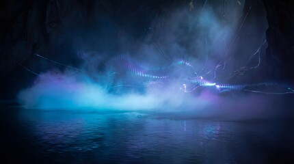 Abstract neon lights reflection on water surface isolated on white background