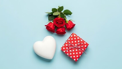 Arrangement of four vibrant red roses a white ceramic heart shape and a cheerful red polka dot gift box presented on a soft pale blue background for romantic occasions and celebrations.